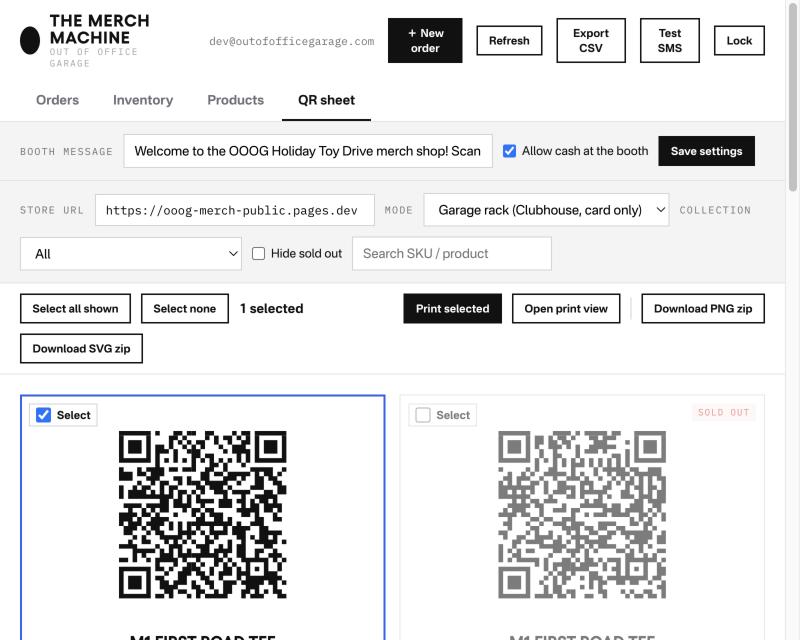 The QR sheet tab in the Merch Machine: a booth message row, store URL and mode controls, action buttons, and a grid of QR code cards, one per size.