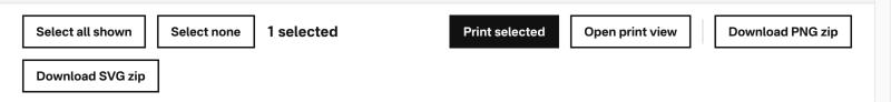 The action row: Select all shown, Select none, the selected count, Print selected, Open print view, Download PNG zip and Download SVG zip.