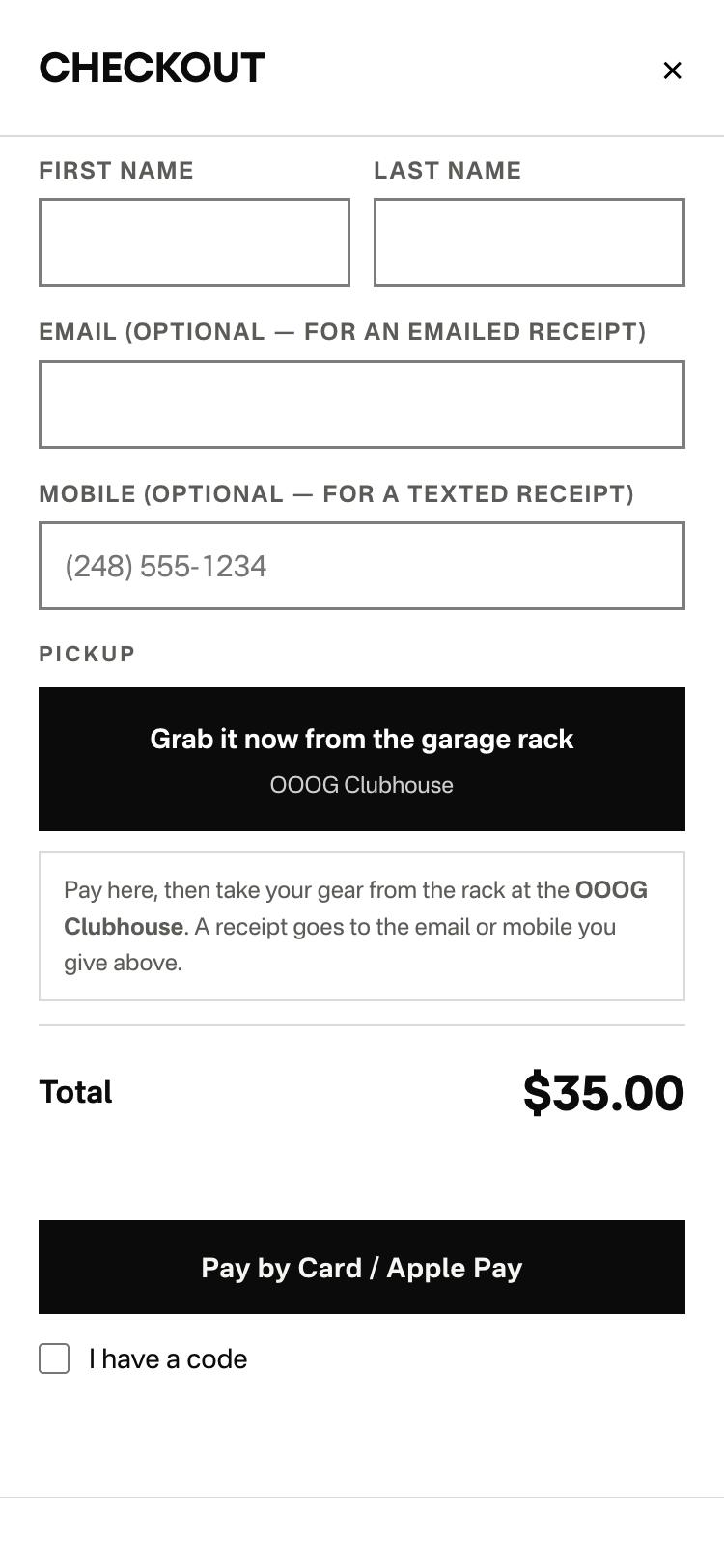 The garage-mode checkout on a phone: first and last name, optional email and mobile, a pickup box reading Grab it now from the garage rack, OOOG Clubhouse, the total, a Pay by Card or Apple Pay button and an I have a code tick box.