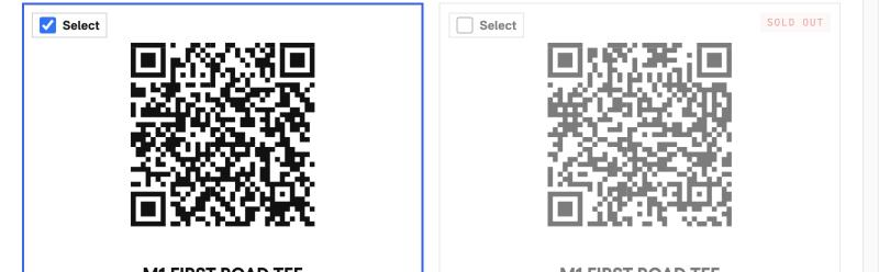 Two QR cards side by side: the left one ticked and outlined in blue, the right one dimmed with a Sold out flag in its corner.