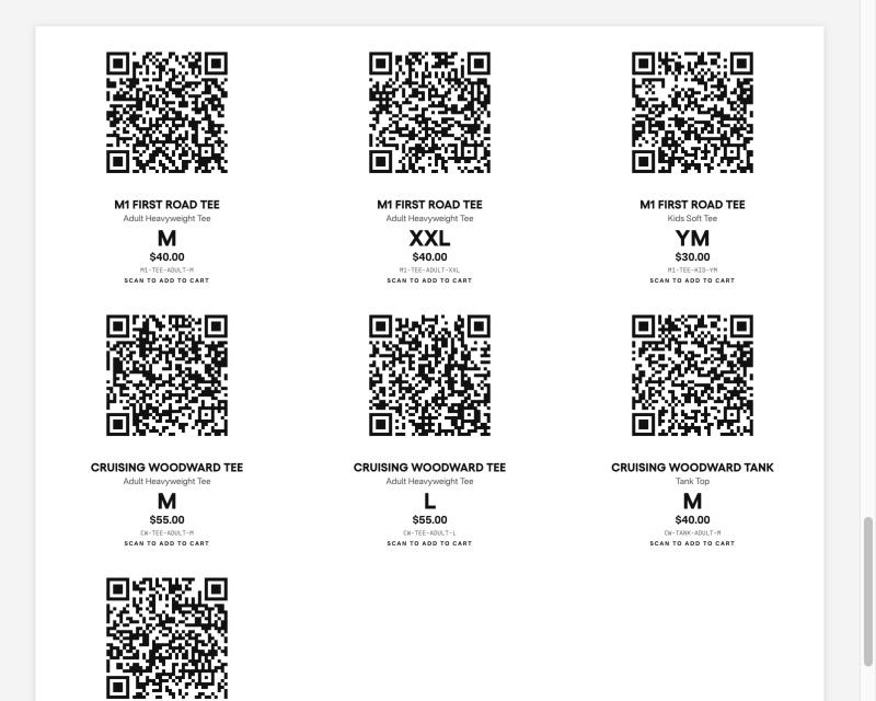 The print sheet: QR cards laid out three across on a white page, each with product name, format, size, price, SKU and the words scan to add to cart.